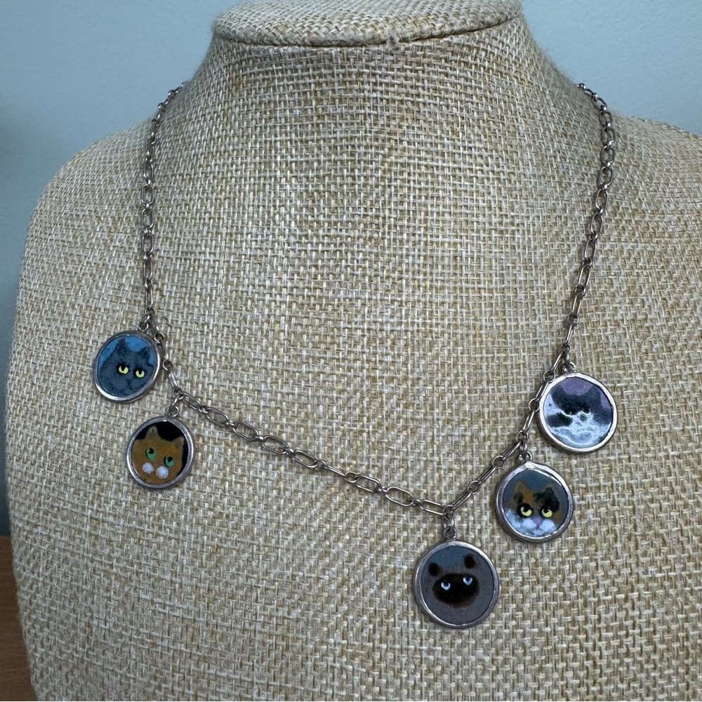 Victor Lee Cat Necklace Sterling Silver Limoges Coins 17 Inch Vintage 80’s